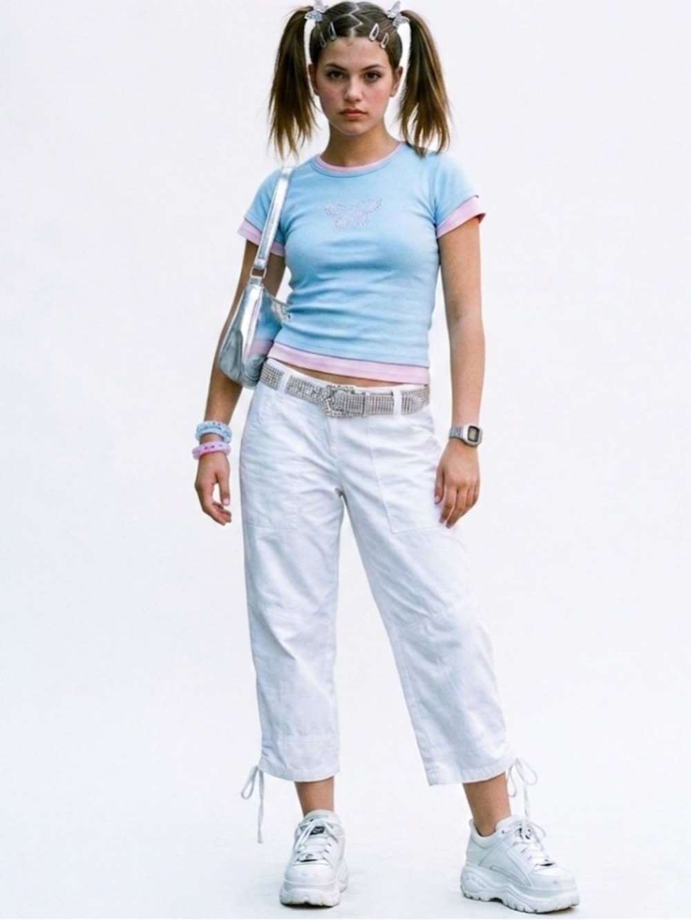 Y2K JEANETTE White Cropped Capri Pants Side leg tie strings SZ MED